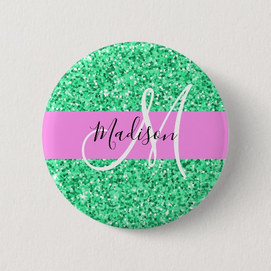 Glans Roze en Groene Glitter Vonken Monogram Naam Ronde Button 5,7 Cm (Voorkant)