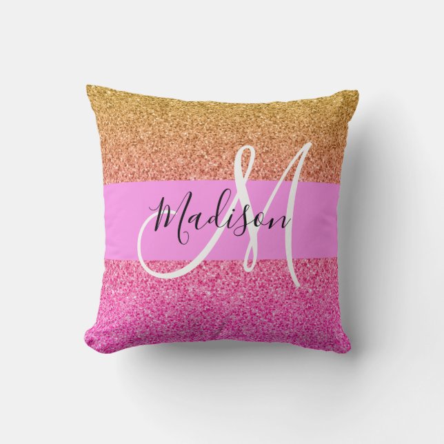 Glans Roze & Gouden Glitter Glans Gradiënt Monogra Kussen (Voorkant)