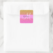 Glans Roze & Gouden Glitter Glans Gradiënt Monogra Vierkante Sticker (Tas)