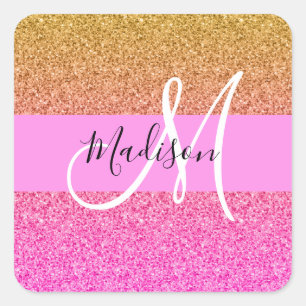 Glans Roze & Gouden Glitter Glans Gradiënt Monogra Vierkante Sticker