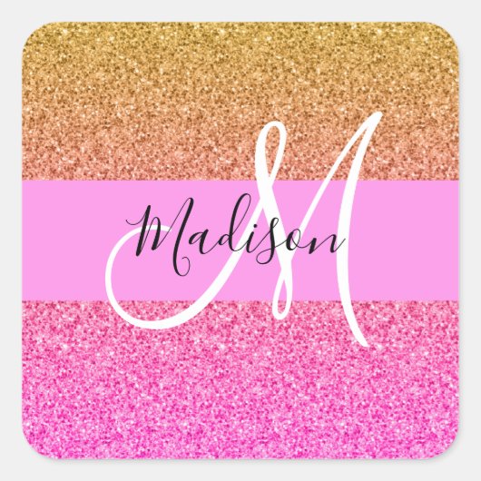 Glans Roze & Gouden Glitter Glans Gradiënt Monogra Vierkante Sticker (Voorkant)
