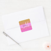 Glans Roze & Gouden Glitter Glans Gradiënt Monogra Vierkante Sticker (Envelop)