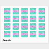 Glans Roze Turkoois Glitters Glans Monogram Naam Vierkante Sticker (Vel)