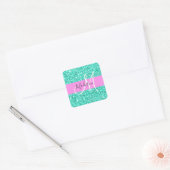 Glans Roze Turkoois Glitters Glans Monogram Naam Vierkante Sticker (Envelop)