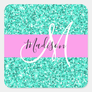 Glans Roze Turkoois Glitters Glans Monogram Naam Vierkante Sticker