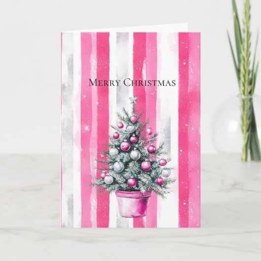 Glans Roze Witte Kerstboom Strepen Kaart (Voorkant)
