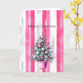 Glans Roze Witte Kerstboom Strepen Kaart (Gele Bloem)