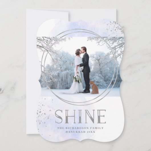 glanzen | Zilveren en lichtblauwe Chanoeka foto Feestdagenkaart (Voorkant)
