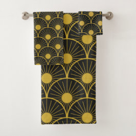 Glanzend art deco zwart en gouden zon patroon  bad handdoek