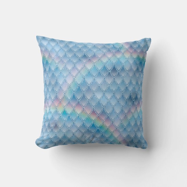 Glanzend Blau & Regenboog Glitter Draak Schubben Kussen (Voorkant)