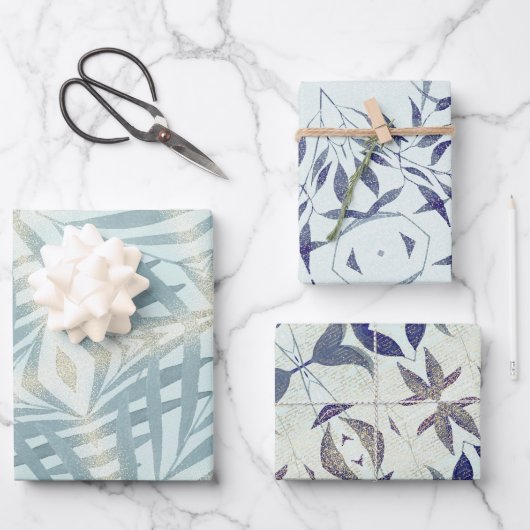 Glanzend blauw bladpatroon inpakpapier vel (Voorkant)