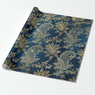 Glanzend blauw en goud vintage damast cadeaupapier