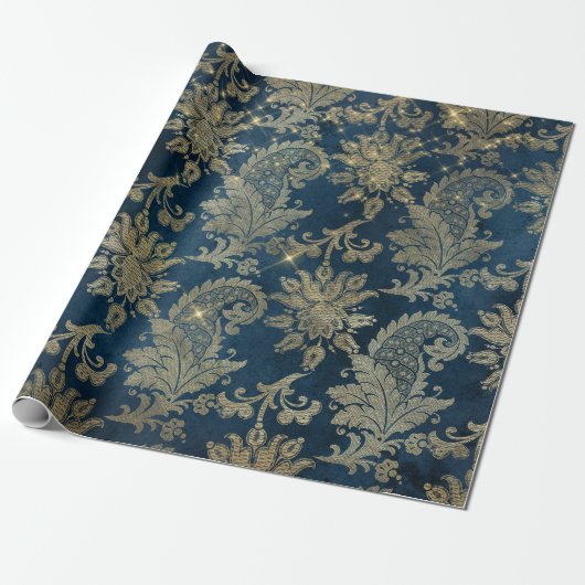Glanzend blauw en goud vintage damast cadeaupapier (Uitgerold)