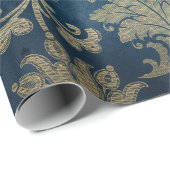 Glanzend blauw en goud vintage damast cadeaupapier (Rol Hoek)