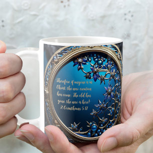 Glanzend Blauw Met Goud Aanpasbare Bijbelvers Koffiemok