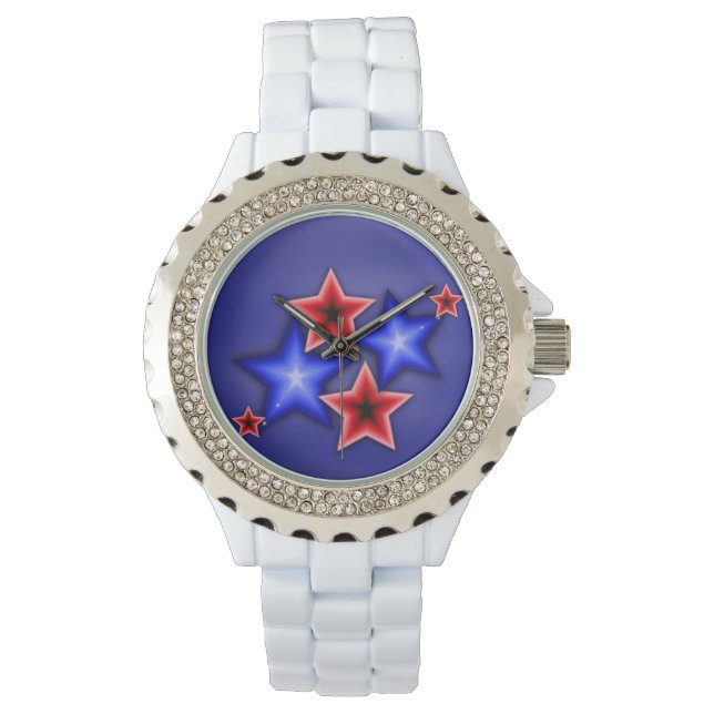 Glanzend blauw & rood sterren strass wit horloge (Voorkant)