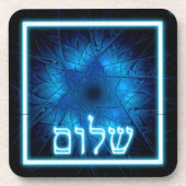 Glanzend Blauw Shalom Op Gegraveerde Davidster Bier Onderzetter (Voorkant)