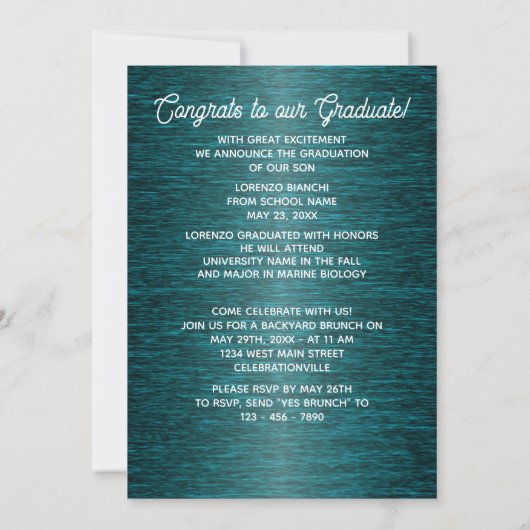 Glanzend donkerblauw groen Afstuderen Aankondiging (Achterkant)