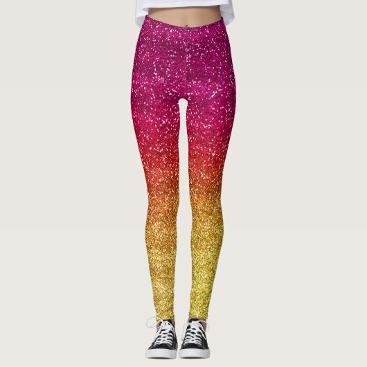 Glanzend donkerroze en geel verloop glitter licent leggings (Voorkant)