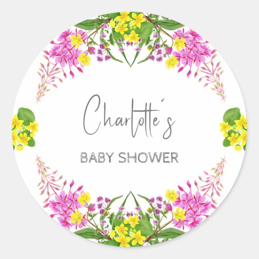 Glanzend geel roze Wildflower Script Ronde Sticker (Voorkant)