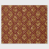 Glanzend Goud Bloemen Damast op Donkerrood Cadeaupapier (Vlak)