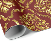 Glanzend Goud Bloemen Damast op Donkerrood Cadeaupapier (Rol Hoek)