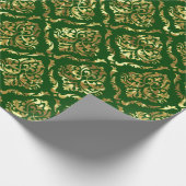 Glanzend Goud Bloemen Damast op Groen Cadeaupapier (Hoek)