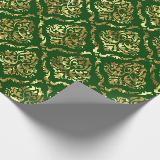 Glanzend Goud Bloemen Damast op Groen Cadeaupapier (Hoek)