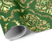 Glanzend Goud Bloemen Damast op Groen Cadeaupapier (Rol Hoek)