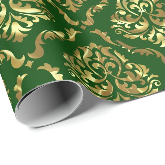 Glanzend Goud Bloemen Damast op Groen Cadeaupapier (Rol Hoek)