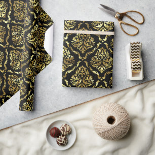 Glanzend Goud Bloemen Damast op Zwart Cadeaupapier