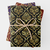 Glanzend Goud Bloemen Damast op zwart, rood, groen Inpakpapier Vel (In situ)