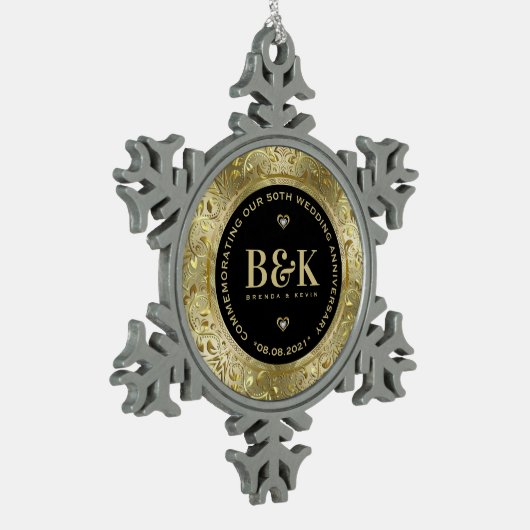 Glanzend Goud Bloemen Lijst 5oth Bruiloft Jubileum Tin Sneeuwvlok Ornament (Links)