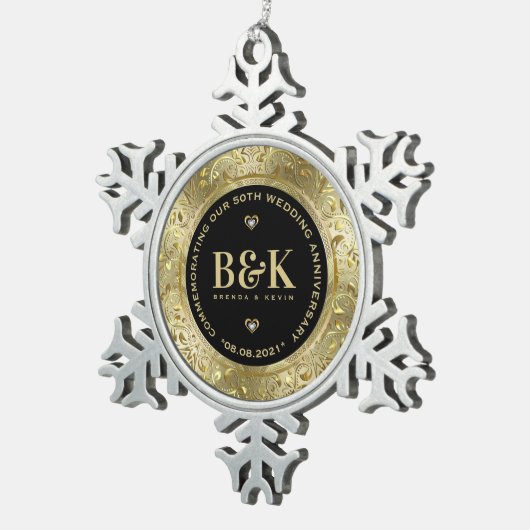 Glanzend Goud Bloemen Lijst 5oth Bruiloft Jubileum Tin Sneeuwvlok Ornament (Rechts)