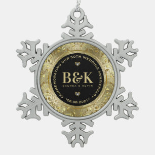 Glanzend Goud Bloemen Lijst 5oth Bruiloft Jubileum Tin Sneeuwvlok Ornament