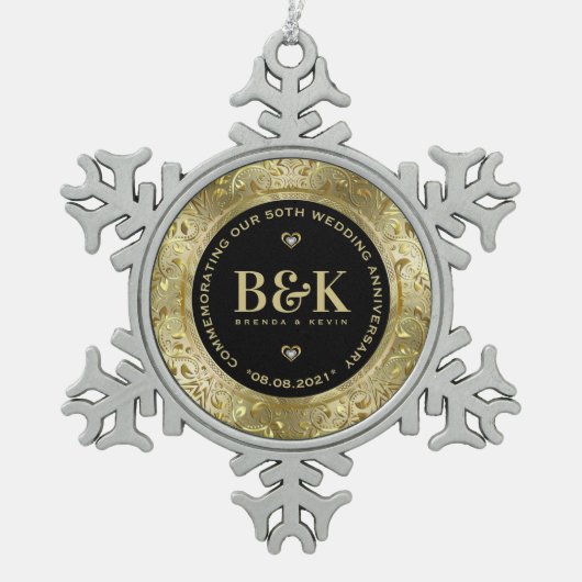 Glanzend Goud Bloemen Lijst 5oth Bruiloft Jubileum Tin Sneeuwvlok Ornament (Voorkant)