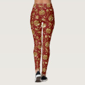 Glanzend Goud & Donkerrood Bloemen Damast Leggings (Achterkant)