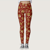 Glanzend Goud & Donkerrood Bloemen Damast Leggings (Voorkant)