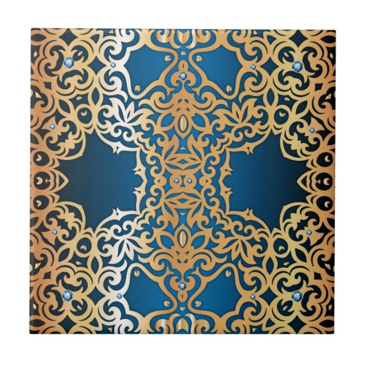 glanzend goud en blauw gelooid patroon tegeltje (Voorkant)