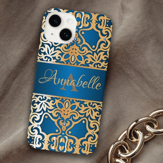 glanzend goud en blauw juwelen iPhone hoesje