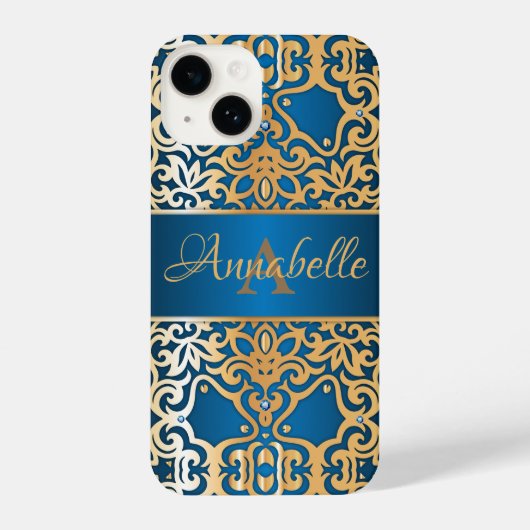 glanzend goud en blauw juwelen iPhone hoesje (Achterkant)