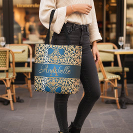   glanzend goud en blauw juwelen tote bag