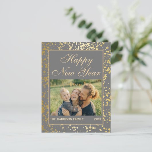Glanzend Goud Glitter Nieuwjaar Foto Donker Grijs Briefkaart (Staand voorkant)