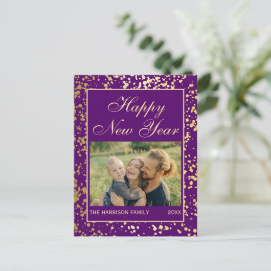 Glanzend Goud Glitter Nieuwjaar Foto Paarse Briefkaart (Staand voorkant)