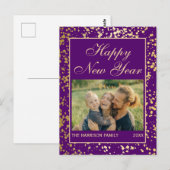 Glanzend Goud Glitter Nieuwjaar Foto Paarse Briefkaart (Voorkant / Achterkant)