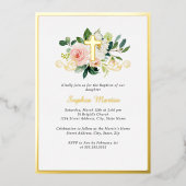 Glanzend Goud Kruis Roze Bloemen Doop Folie Uitnodiging (Voorkant)