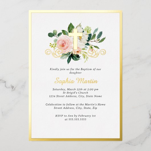 Glanzend Goud Kruis Roze Bloemen Doop Folie Uitnodiging (Voorkant)