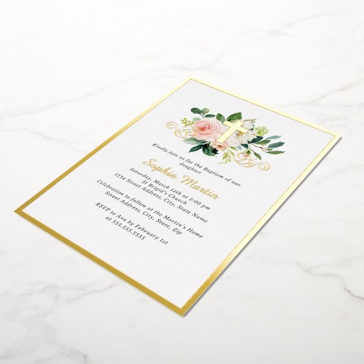 Glanzend Goud Kruis Roze Bloemen Doop Folie Uitnodiging (Gedraaid)