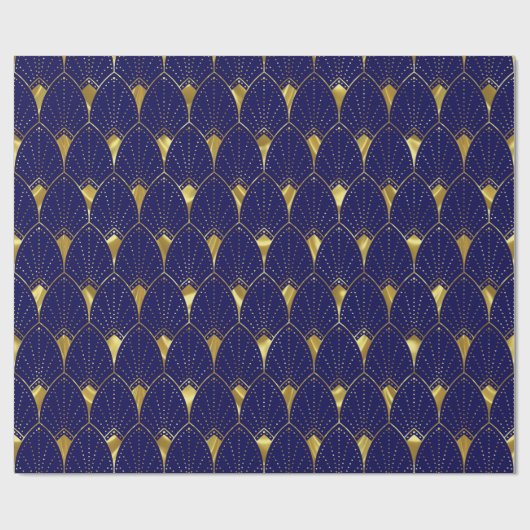 Glanzend gouden art deco patroon op donkerblauw cadeaupapier (Vlak)