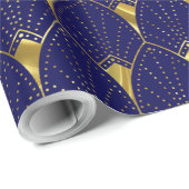 Glanzend gouden art deco patroon op donkerblauw cadeaupapier (Rol Hoek)